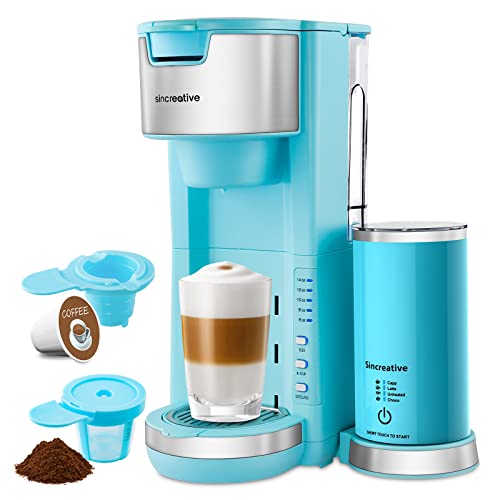 Single Serve Coffee Maker with Milk Frother, 2-In-1 Cappuccino Coffee Machine for K Cup Pod and Ground Coffee, Single Cup Brewer Compact Latte Maker with 30 oz Removable Tank, Blue