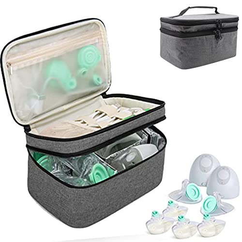 Wearable Breast Pump Bag Compatible with Willow, Elvie Pumps and Medela Pump in Style, Double Layer Carrying Case with Waterproof Mat and Insulated Pockets Portable Pump Carrying Case