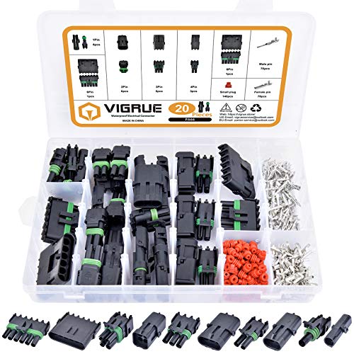 VIGRUE 301Pcs 20 Kits Waterproof Car Electrical Wire Connector Terminals Plug Kit 1/2/3/4/6/Male&Female Pin Small Plug 18-14AWG Water Resistend Truck Harness Plug Car Spark Plug Connector