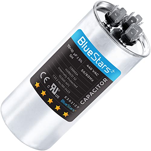 BlueStars 70+10 uF 5% 70/10 MFD 370/440 VAC Dual Run Start Round Capacitor 50/60Hz 10000AFC for Condenser Straight Cool or Heat Pump Air Conditioner or AC Motor and Fan Starting