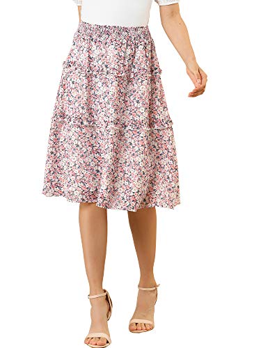 Allegra K Women's Floral Skirts Smocked Elastic Waist Below Knee Length Ruffle Tiered Skirt Small Pink