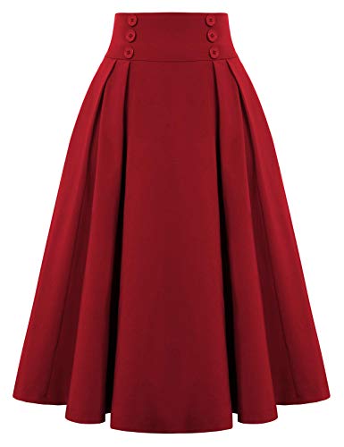 Belle Poque Womens Stretchy Knee-Length Skirt Buttons Front A-Line Flowy Midi Skirts,Wine Red L