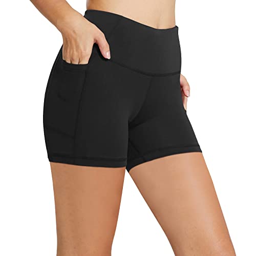 BALEAF Women's Biker Shorts High Waist Compression Volleyball Spandex Yoga Workout Running Tummy Control Pockets 5" Black M