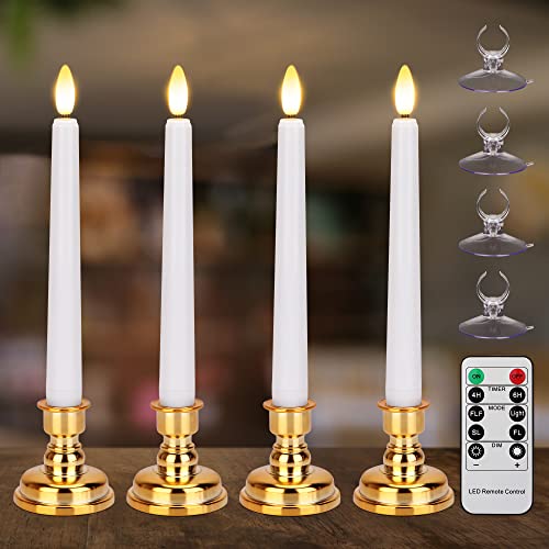 Flameless Taper Candles Flickering with Remote & Timer, Battery Operated Window Candles with Gold Candlesticks & Suction Cups, 8 Inch Warm White 3D Flame Candle for Home, Wedding, Party Decor(White)