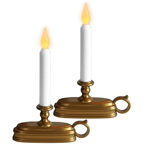 LampLust Flickering Flameless Candles Battery Operated, 2 Pack Fake Candles, 9 Inch White LED Candles with Timer, Brass Base Electric Candles, Battery Taper Candle Sticks Flickering Flame