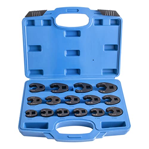 Amerbm Crowfoot Wrench Set Metric Crows Foot Wrench Sizes 8mm-24mm 15-Piece Flare Nut Wrench Set Tool Kit or 3/8in and 1/2in Drive Ratchet Cr-Mo Steel