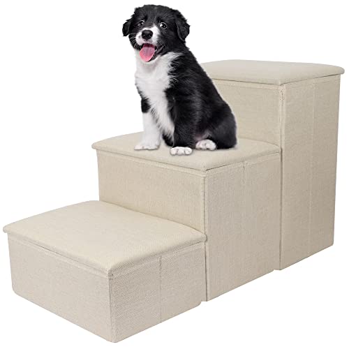 yofit Dog Stairs with Storage, Foldable Pet Steps for High Beds, 3-Step Pet Stairs Ramp Puppy Toy Storage Box for Dogs Cats Small Pets (Beige)