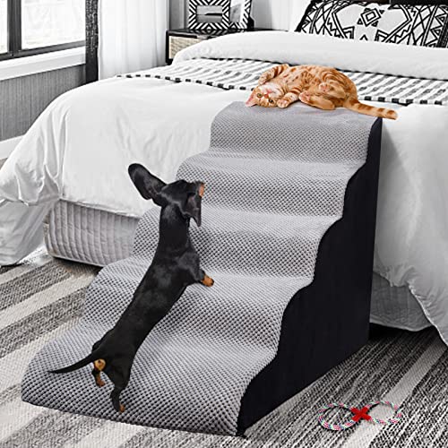 INRLKIT 5 Tiers Pet Foam Stairs for High Beds, 30D High Density Dog Foam Ramps/Stairs/Ladder for Couch, Older Dogs, Cats, Puppies, Injured Dogs (with 1 Rope Toy, Grey)