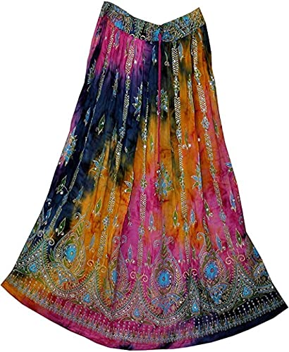 OVENEX ashions Multi tie dye Yoga Trendz Women's Sequined Crinkle Broomstick Gypsy Long Skirt (RED Multi)