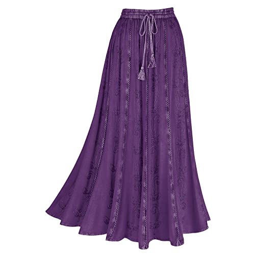 Women's Floral Embroidered Maxi Skirt - Over-Dyed Long Peasant Skirt, Ankle Length - Eggplant - 2X