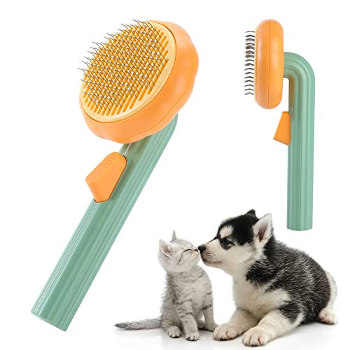 METREE Dog & Cat Slicker Brush, Self Cleaning Grooming Tools Remove Undercoat, Shedding Hair from Long or Short Hair Pets (Pumpkin Yellow)