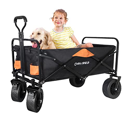 Folding Collapsible Beach Cart Wagon Heavy Duty Utility, Large Capacity Foldable Grocery Wagon with Universal Wide Wheels & Adjustable Handle for Garden Travel Beach Use, Black