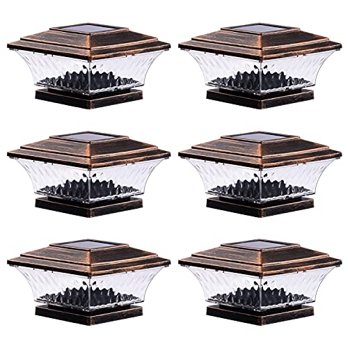 HUYIENO Solar Post Cap Lights Outdoor LED Lighting Deck Fence Cap Light Two Light Modes Warm White/Bright White Suitable for 4x4 Wooden Posts Brushed Copper 6PK