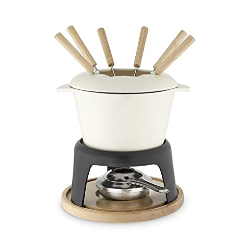 Twine Farmhouse Kitchen Enamel Cast Iron Fondue Set Cheese Melting Pot Metal Stand with Stainless Steel Forks and Chrome Gel Burner, 8.5", Off-Cream