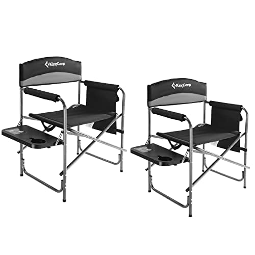 KingCamp Camping Directors Chair Outdoor Folding Lawn Chair for Outside Camp Portable Chair for Adults Heavy Duty 2 Pack with Side Table and Side Pockets Supports 400lbs(Black/Medium Grey)