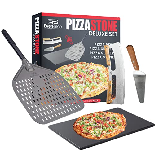 EverPiece Deluxe Pizza Stone Set, Ceramic Pizza Stone and Peel for Oven and Grill with Stainless Steel Pizza Cutter and Spatula - 12 x 15 Rectangular Baking Stone and Pizza Oven Accessories
