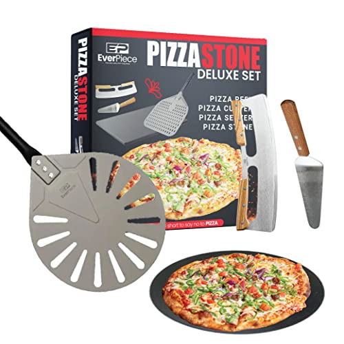 EverPiece Deluxe Pizza Stone Set, Ceramic Pizza Stone and Peel for Oven and Grill with Stainless Steel Pizza Cutter and Spatula - 15 Round Baking Stone and Pizza Oven Accessories for Crispy Crusts