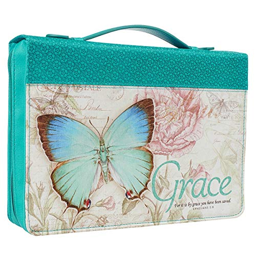 Christian Art Gifts Women's Fashion Bible Cover Grace Butterfly Ephesians 2:8, Turquoise Floral Faux Leather, Large