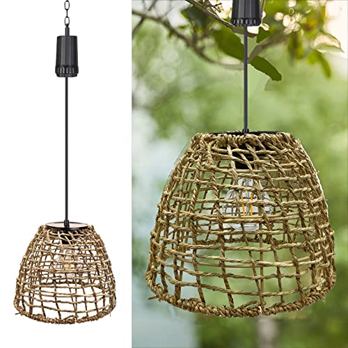 6 Hours Timer Battery Operated Outdoor Hanging Light Seagrass Woven Waterproof Porch Gazebo Patio Pendant Lantern Chandelier Lighting Decorative Hollow-Out Auto On/Off Warm White Bulb