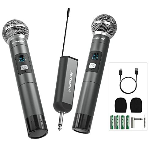 Phenyx Pro Dual Digital Wireless Microphone System, w/2 Handheld Dynamic Microphones,15 UHF Frequency Groups, Mini Receiver, Metal Cordless Microphone for Karaoke,Church,DJ,Singing (PDP-2)