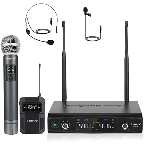 Phenyx Pro Wireless Microphone System, Metal Wireless Mic Set with Handheld Microphone/Bodypack/Headset/Lapel Mics, 2 x 30 UHF Frequencies, Cordless Mic for Singing, Karaoke, Church, DJ (PTU-52B)