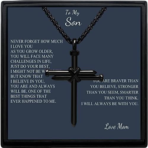 MOOGEEN Birthday Graduation Gift to My Son Cross Necklace for Men Religious Bible Verse Black Chain Inspirational Motivational Encouragement Jewelry Fathers Day Christmas from Mom