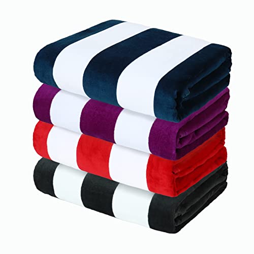 Exclusivo Mezcla 4-Pack 100% Cotton Oversized 35"x70" Cabana Stripe Beach Towels, Super Absorbent Soft Plush Pool Towel, Bath Towel (Charcoal Grey/Dark Navy/Purple/Red)