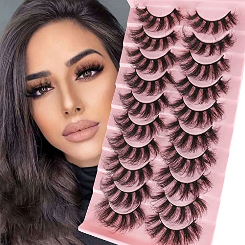 MilyBest Lashes False Eyelashes 10 Pairs 18mm Fluffy Cat Eye Faux Mink Lashes Pestaas Postizas D Curl Volume Fake Lashes Wispy Natural Look Eye Lashes Strip Sets Pack