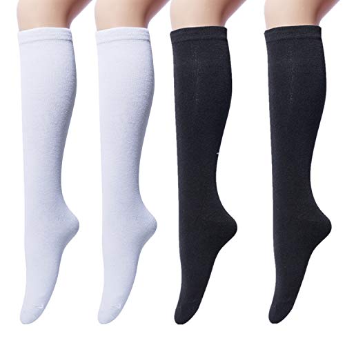 Women's 4 Pairs Cotton Knee High Casual Solid Knit Socks, C White & Black(4 Pairs)