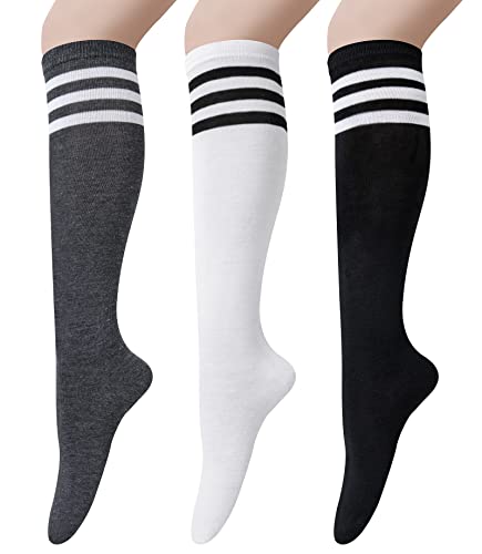 3 Pairs Womens Cotton Knee High Socks, Causal Soild Stripe Tube Knee Socks, Black/White/Dark Grey Striped