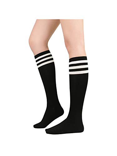 Komorebi Women's Knee High Athletic Socks Stripes Tube Sport Socks Soft Strench High Socks for Women Outdoor Black White One Size