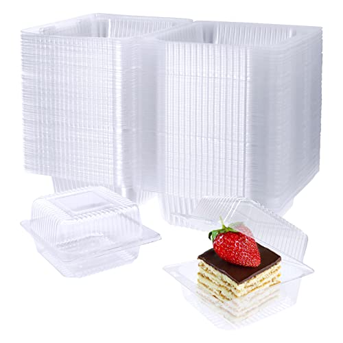 Jizvxe 100 Pack Clear Plastic Square Hinged Food Container,Disposable Plastic To Go Containers with Clear Lids,Cake Slice Containers Clamshell Takeout Tray for Pastry,Salad,Dessert(5.1"x 4.7"x 2.8")