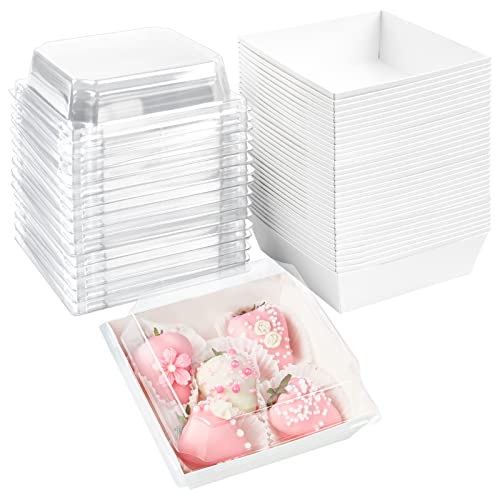 Ocmoiy 50 Pack Paper Charcuterie Boxes with Clear Secure Lids, 4 Inches White Square Disposable Food Containers Bakery Boxes for Sandwich, Slice Cake, Cookies, Hot Cocoa Bombs, Strawberries