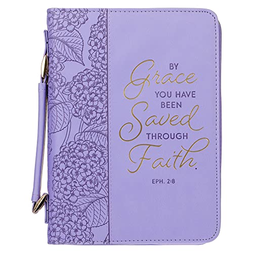 Christian Art Gifts Faux Leather Fashion Bible Cover for Women: by Grace You Have Been Saved - Ephesians 2:8 Inspirational Bible Verse, Hydrangea Lilac Purple, Large