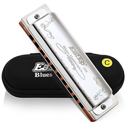 East top Diatonic Harmonica Key of C 10 Holes 20 Tones 008K Blues Diatonic Mouth Organ Harmonica with Silver Cover, Standard Harmonicas For Adults, Professionals and Students