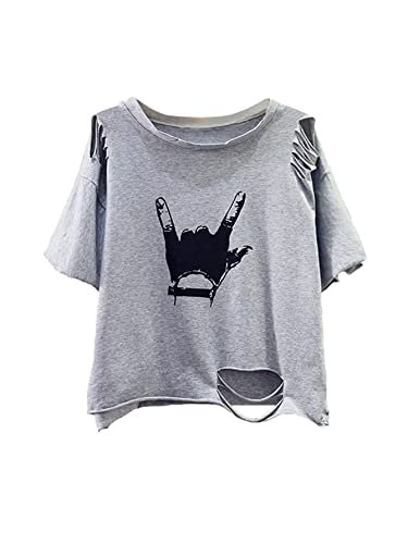 SweatyRocks Women's Short Sleeve T Shirt Graphic Print Distressed Crop Top Gesture Light Grey Large