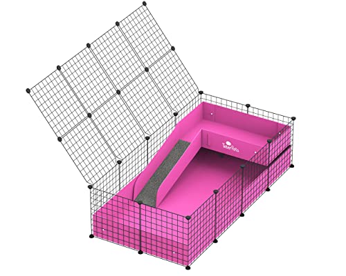 C&C 2x4 Panel Modular Grid Complete Cage Kit by Tater Pets - for Guinea Pigs, Hedgehogs, and Tortoises (2x4 Cage with Loft, with Top, Pink)