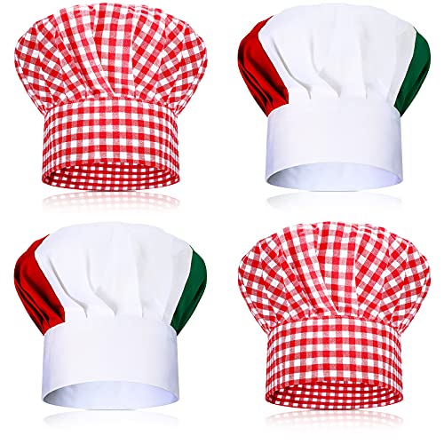 Foaincore Italian Themed Party Decorations 4 Pieces Italian Style Chef's Hat Dinner Decor Red White and Green Mushroom Hat Gingham Fabric Chef's Hat for Party Women Costume Photo Booth Props Supplies