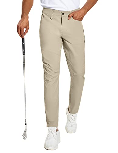 PULI Mens Hybrid Dress Pants Lightweight Casual Stretch Slim Fit Golf Tapered Quick Drying Pants Zipper Pockets Khaki 36