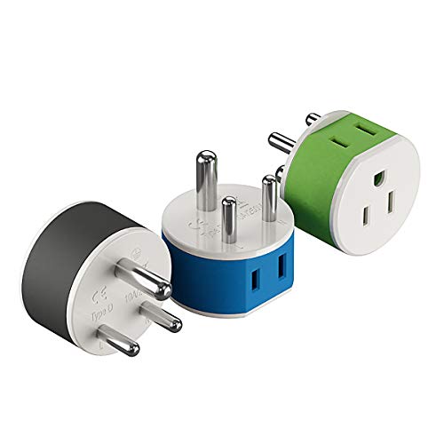 OREI India, Nepal, Maldives Power Plug Adapter with 2 USA Inputs - Travel 3 Pack - Type D (US-10) Safe Grounded Use with Cell Phones, Laptop, Camera Chargers, CPAP, and More