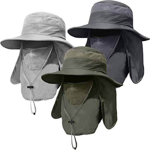 3 Pack Mens Outdoor Wide Brim Fishing Hat,UPF 50+ Sun Protection Cap with Face Neck Flap for Hiking & Garden (3 Pack-Dark GreyLight GreyArmy Green)