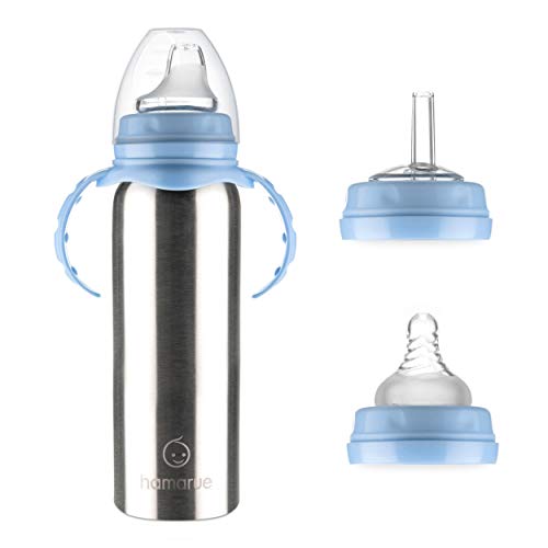 Hamarue 3-in-1 Stainless Steel Sippy Cups for Toddlers | Non-Toxic Insulated Stainless Steel Baby Bottle | Straw Cup With Removeable Handles | Plastic Free Liquid Transfer (Blue)