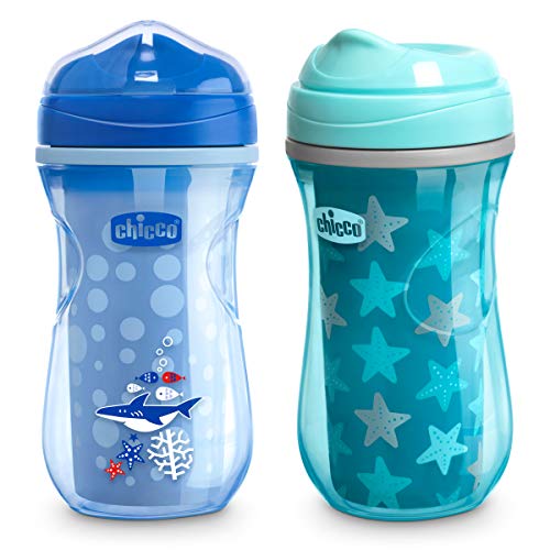 Chicco Insulated Rim Spout Trainer Spill Free Baby Sippy Cup 9 oz. - Two Pack, Blue/Teal