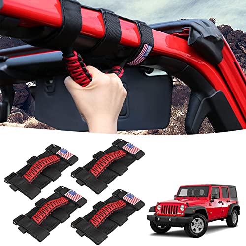 Gaizon 4 Pack Grab Handles Roll Bar Paracord Handgrip Handles with America Flag Pattern Replacement for Jeep Wrangler YJ TJ JK JL,Gladiator JT 1955-2022(Red)