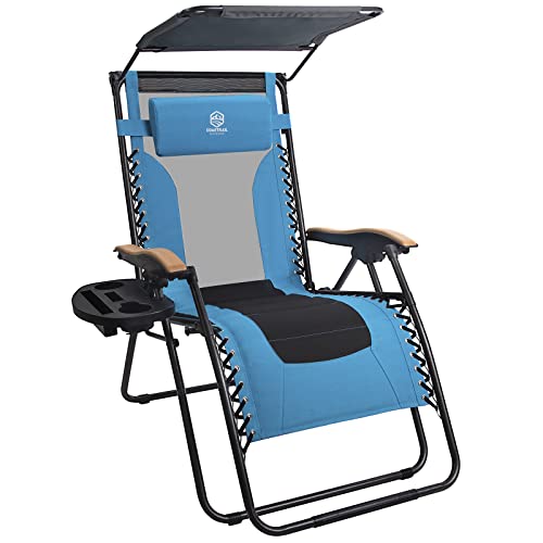 Coastrail Outdoor Zero Gravity Chair Premium Reclining Lounger with Sun Shade, Padded Seat, Mesh Back, Pillow, Cup Holder & Side Table for Sports Yard Patio Lawn Camping, Support 400lbs, Aqua/Black