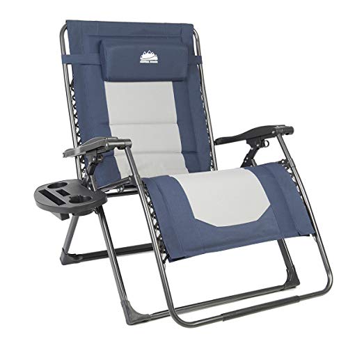 Coastrail Outdoor Zero Gravity Chair Oversized XXL 33.5" Width Patio Recliner Padded Reclining Folding Lounger with Pillow, Side Table for Camping, Lawn, Garden, 500lbs Capacity Blue/1pack