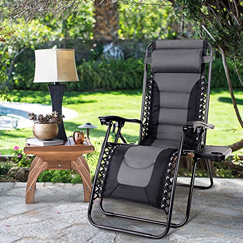 MAISON ARTS Padded Zero Gravity Lawn Chair Anti Gravity Lounge Chair Adjustable Recliner w/Pillow & Cup Holder Outdoor Camp Chair for Poolside Backyard Beach, Support 300lbs, Grey