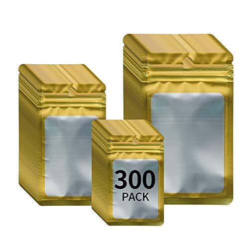 300 Pack 3 Sizes Resealable Mylar Holographic Ziplock Bags Food Storage Smell Proof Bags with Front Window Packaging Pouch for Cookies Sample Jewelry Snack (Gold, 3 x 4.7 inch,4 x 6 inch,4.7 x 7.9 inch)