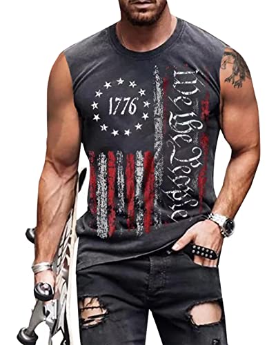 Heralady 4th of July Shirts Mens Muscle Tank Top 1776 Sleeveless Graphic Gym Workout USA Flag Shirt Grey Large