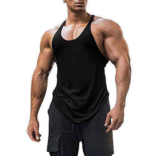 Men's Cotton Workout Tank Tops Dry Fit Gym Bodybuilding Training Fitness Sleeveless Muscle T Shirts (Black,Medium)